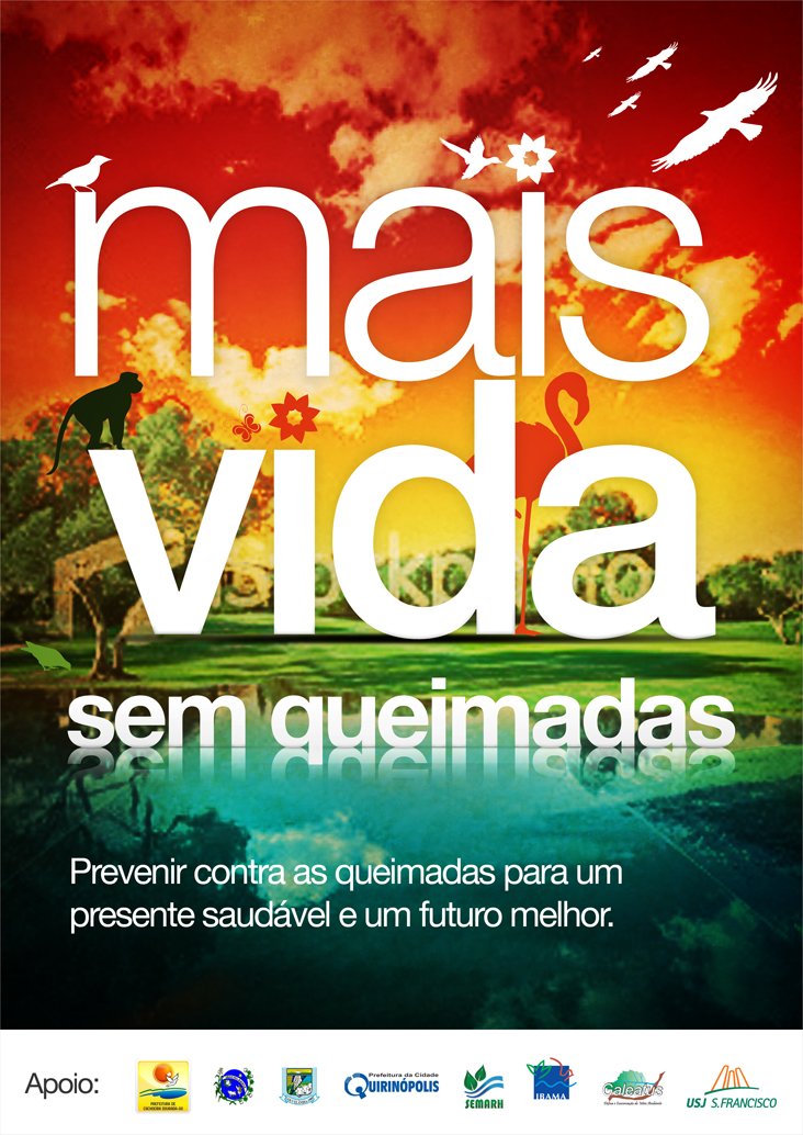 Cartaz da campanha ambiental “Mais Vida sem Queimadas”, com paisagem natural, céu colorido e slogan de conscientização.