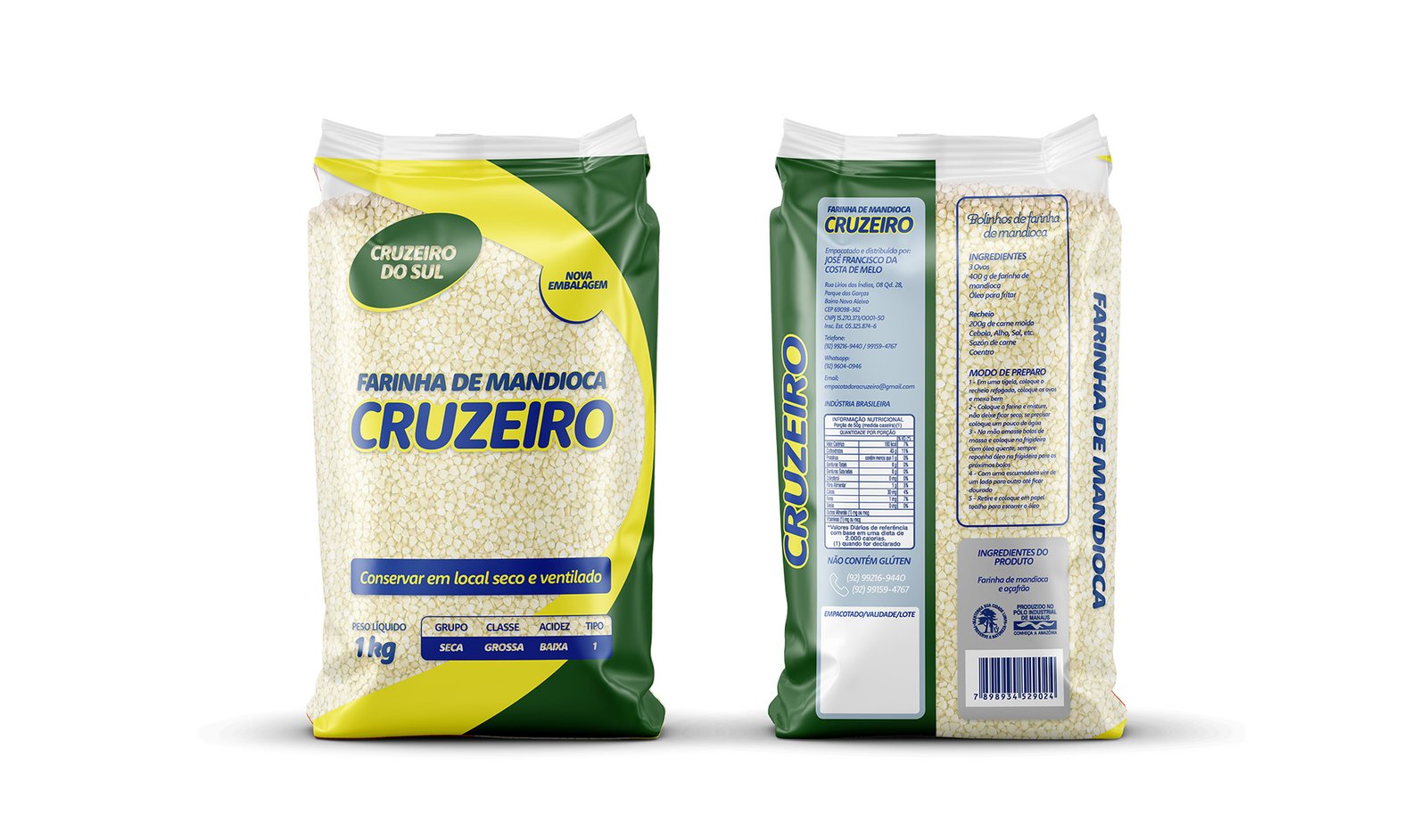 Nova embalagem da Farinha de Mandioca Cruzeiro, mostrando frente e verso do pacote com design moderno, informações nutricionais e selo de produto brasileiro.
