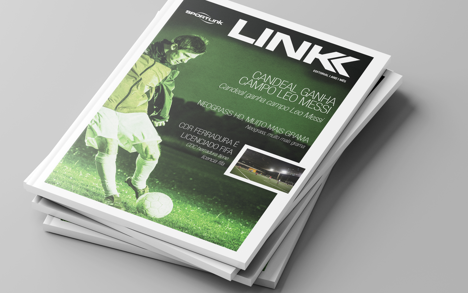 Capa da Revista Sportlink com jogador de futebol em campo iluminado e manchete “Candeal ganha campo Leo Messi”